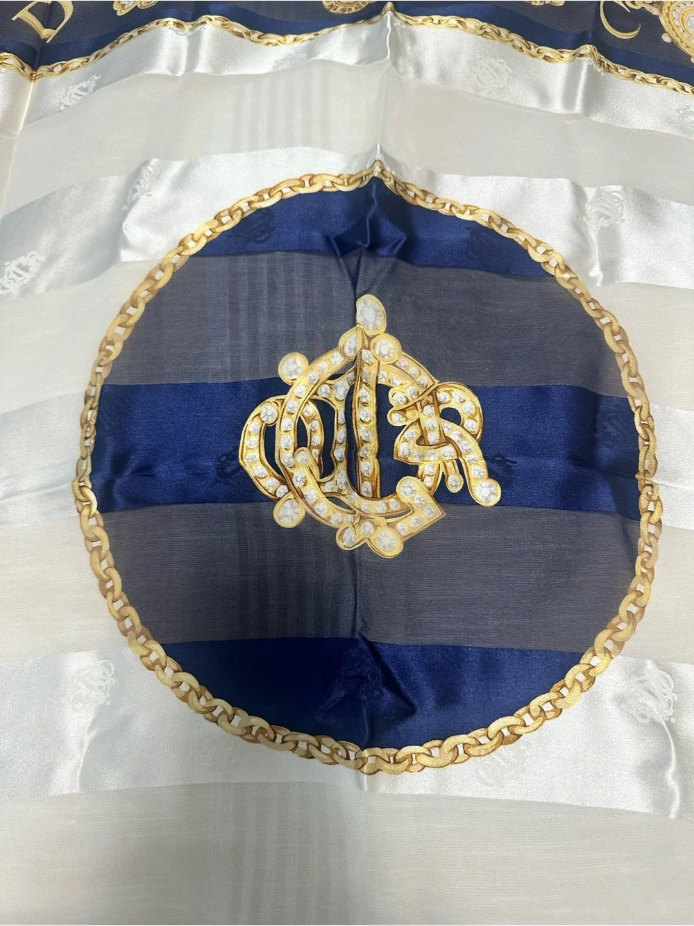 Dior Navy & Gold Chain Print Silk Scarf